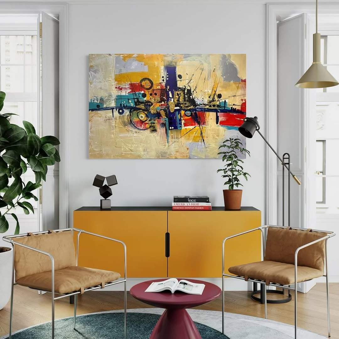 A Jaca painting previewed on a living room wall